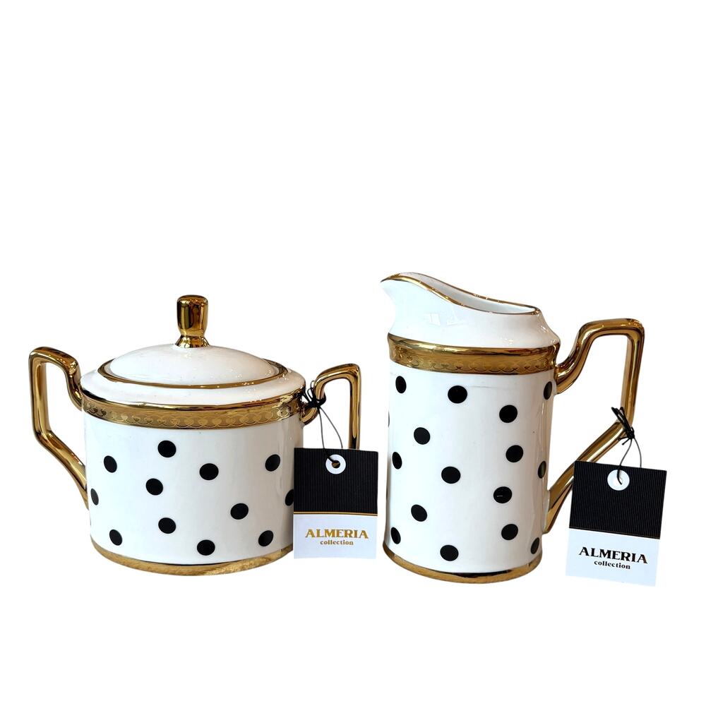Almeria Black Polka Dot Sugar & Creamer Set w/ Gold Accents New
